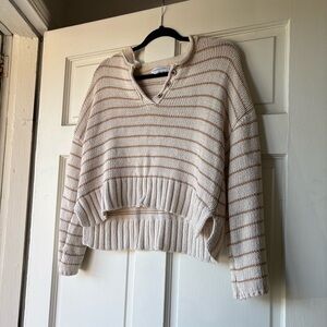 Cozy Striped V-Neck Sweater in Cream and Tan. SB3